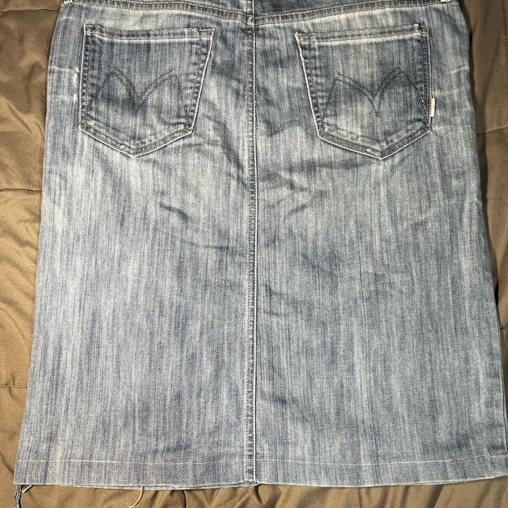 MOTHER Women’s Straight A Denim Midi Skirt Size 29 Blue Frayed Hem Jean‎ Skirt